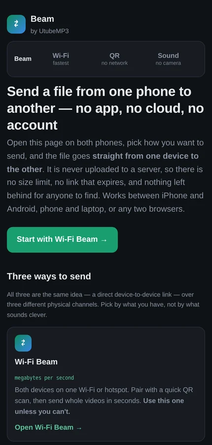 Beam's home screen on a phone, offering three ways to send a file: Wi-Fi at megabytes per second, QR at 3-10 KB per second, and sound at under 1.5 KB per second