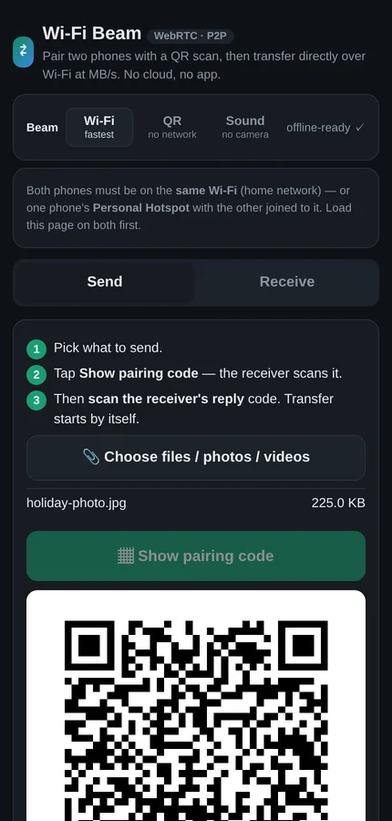 The Wi-Fi Beam send screen with a file chosen and a pairing QR code displayed, captioned pairing code ready at 72 bytes