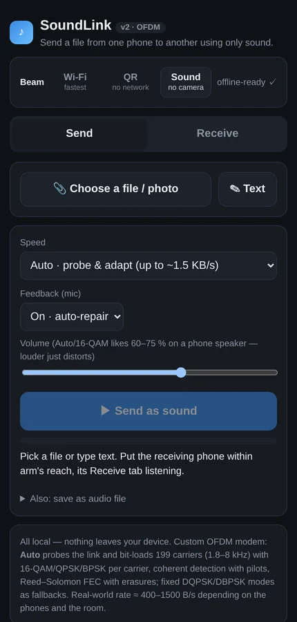 The Sound Beam screen showing the audio modem controls, with mode selection and a live signal level meter