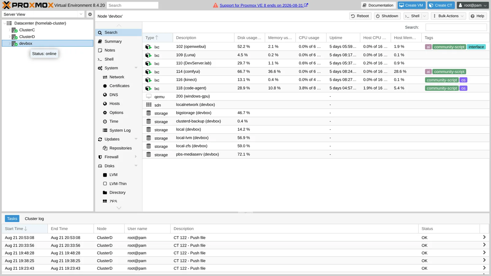 Proxmox web UI showing the devbox node running six Linux containers, the Windows VM, and its storage pools