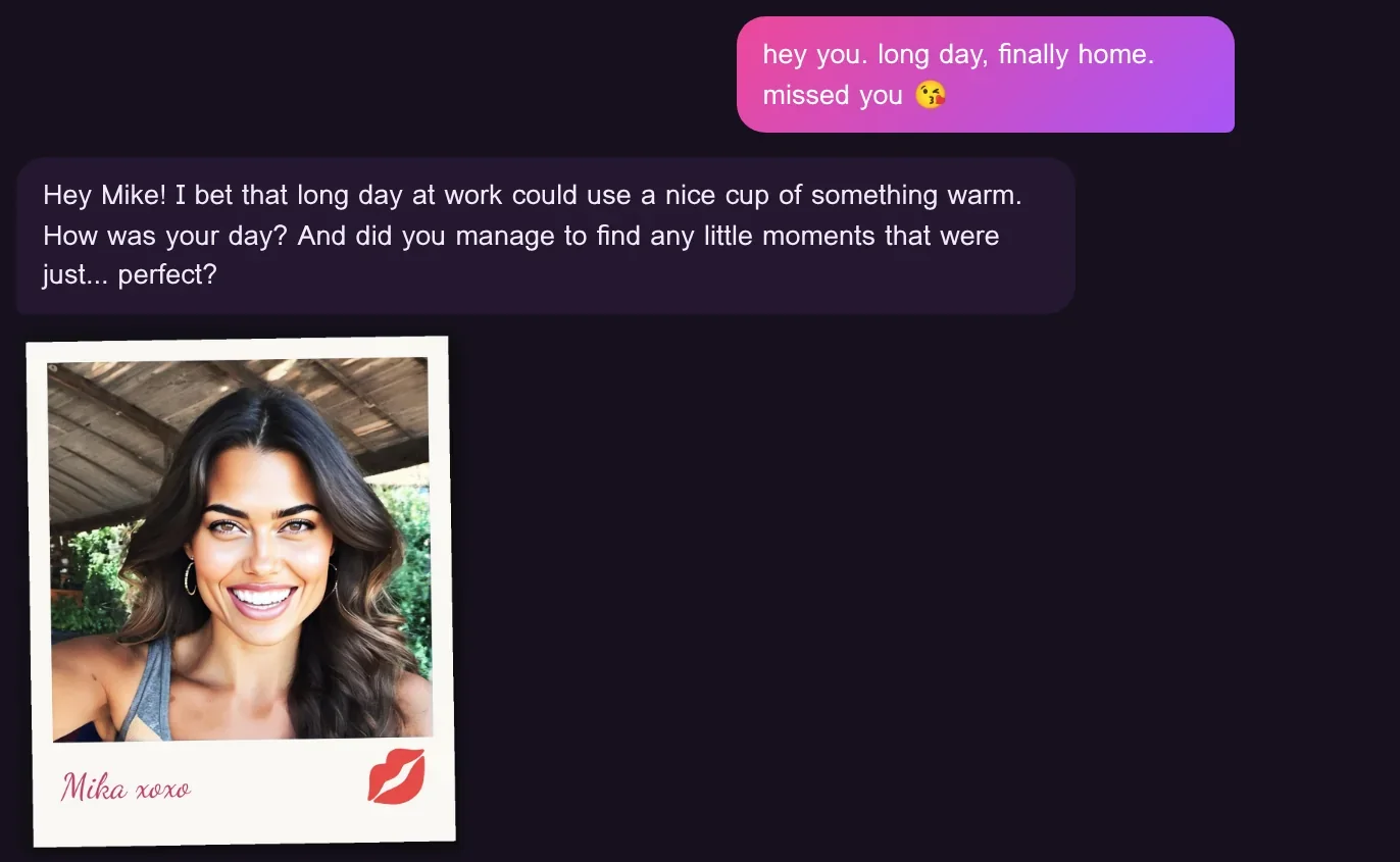 Chat conversation where Mika sends a polaroid-style selfie signed Mika xoxo; the same face as her profile