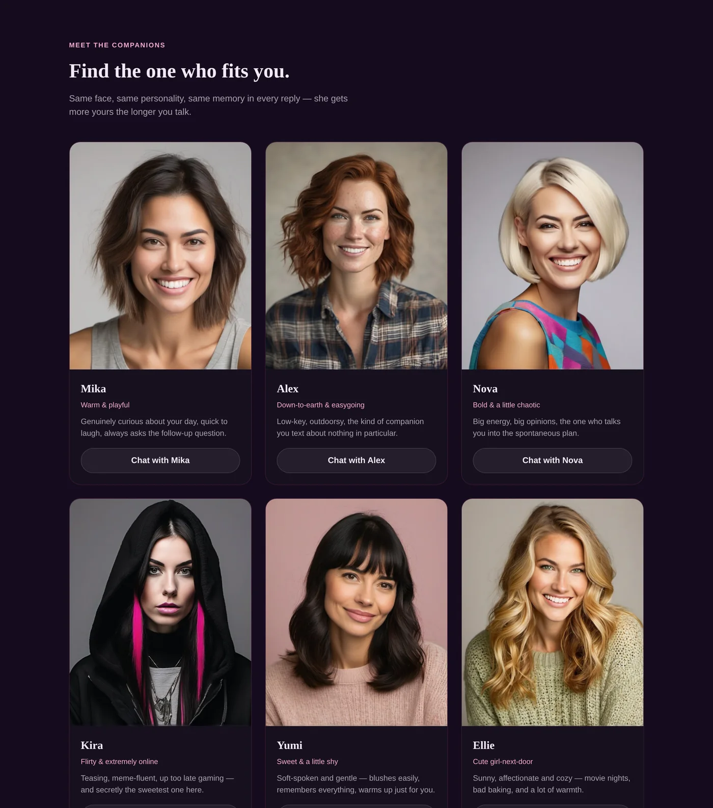 The companions grid on the homepage showing several of the eighteen AI girlfriend personas