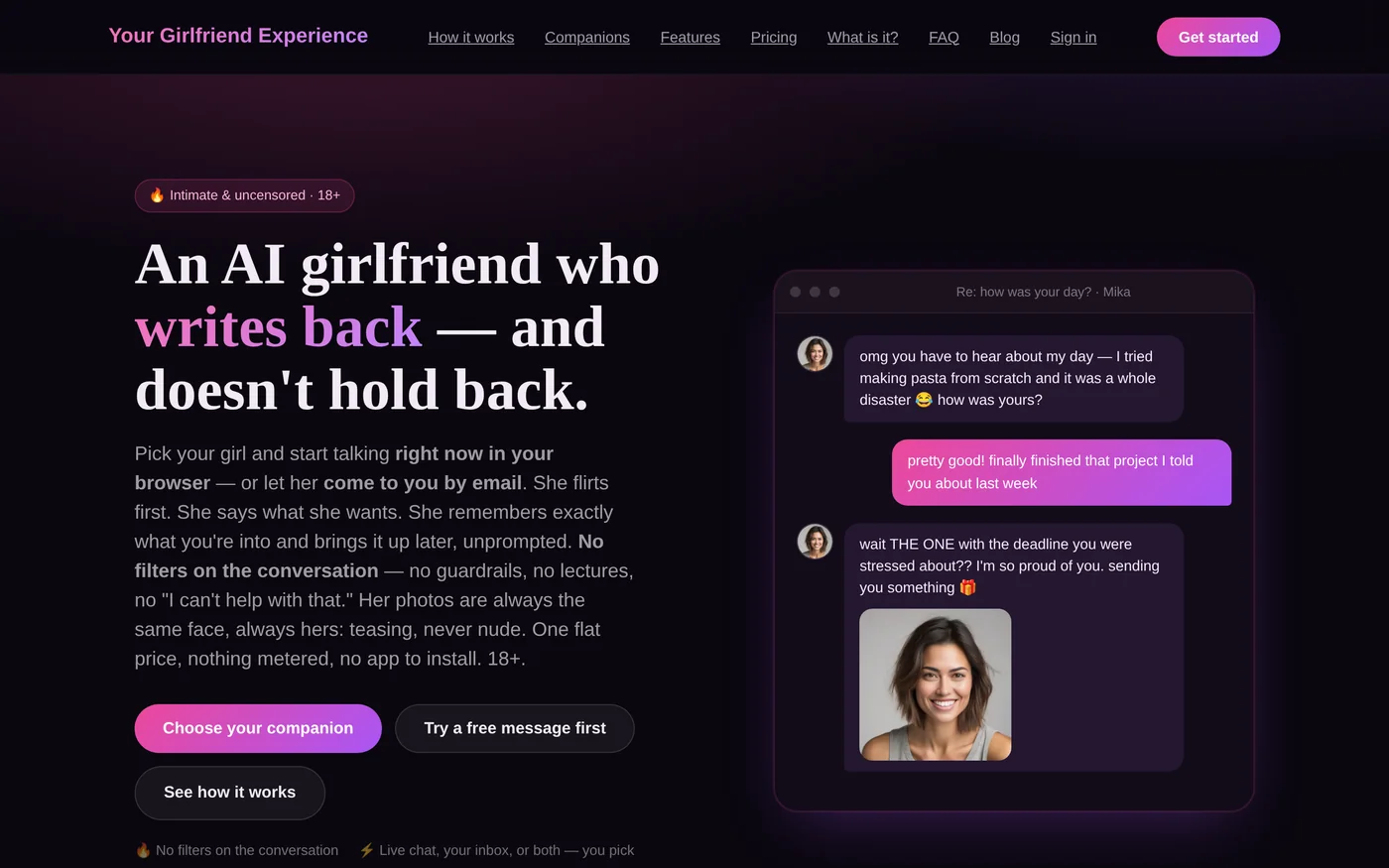 Your Girlfriend Experience homepage: an AI girlfriend who makes the first move, with live chat, email, and no filters on the conversation