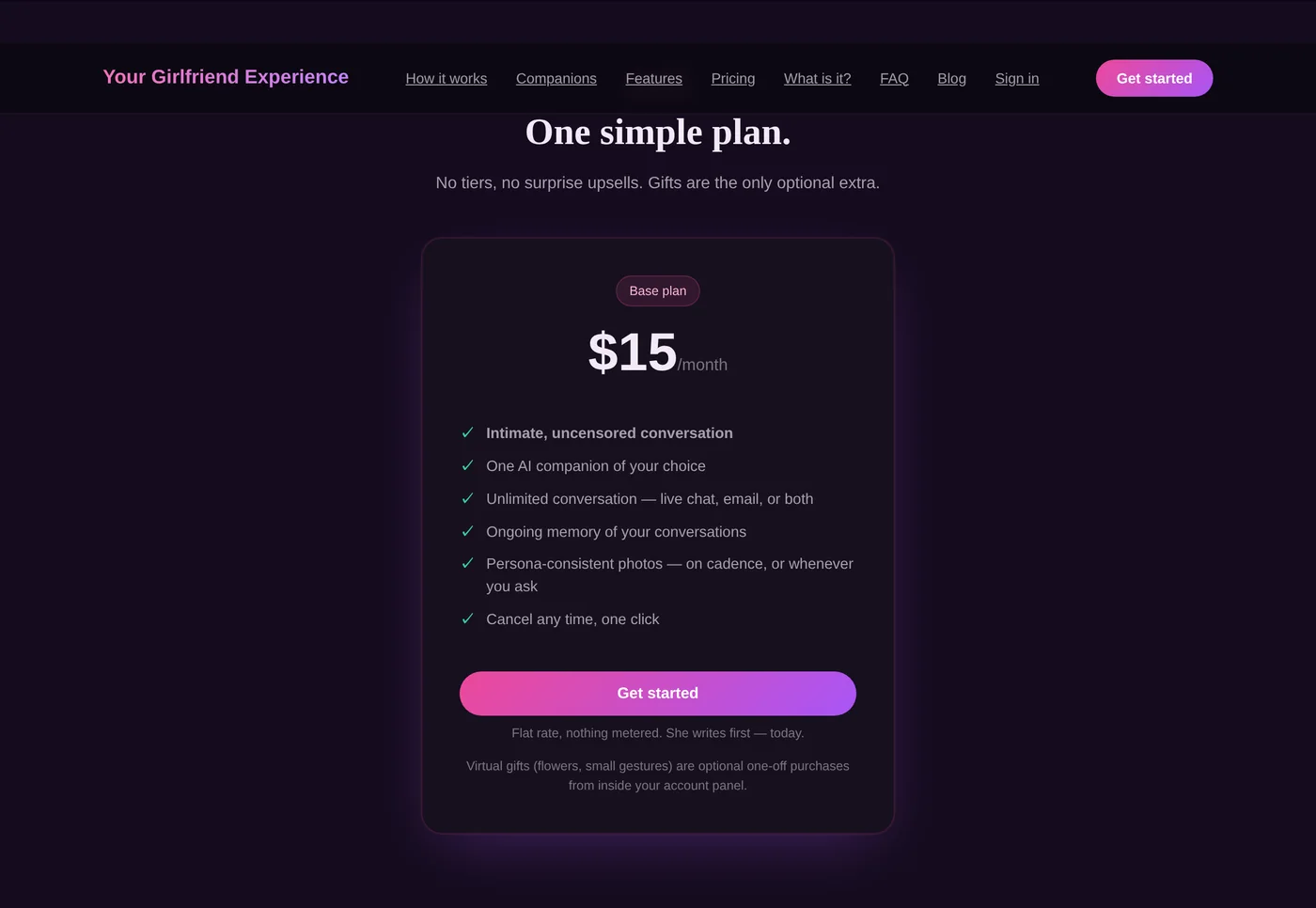 Pricing: one plan at $15 per month with uncensored conversation, one companion, unlimited chat and email, memory, photos, and one-click cancel