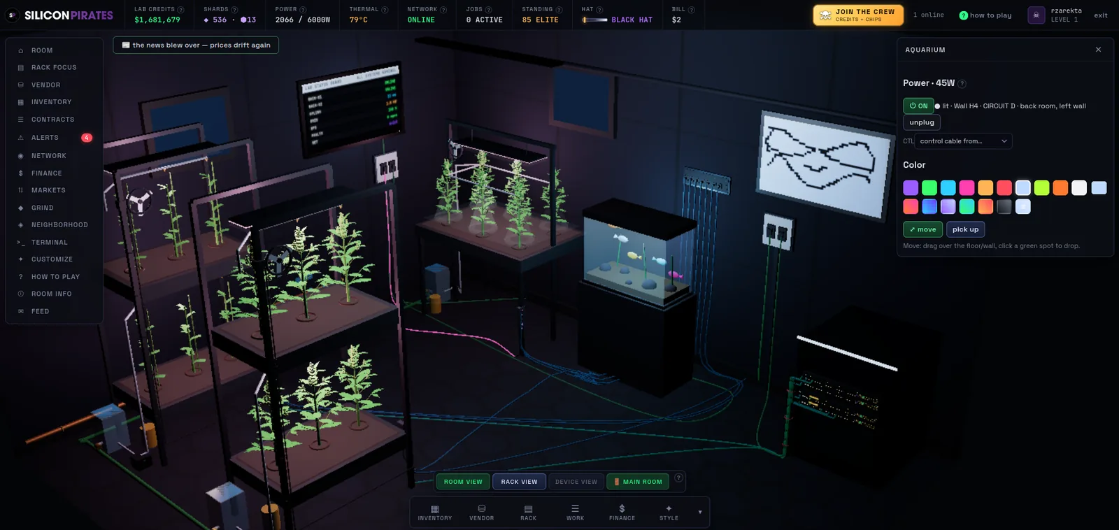 The Back Room in Silicon Pirates Beta 3 with grow racks under lights, a grow table, an aquarium and a wall screen