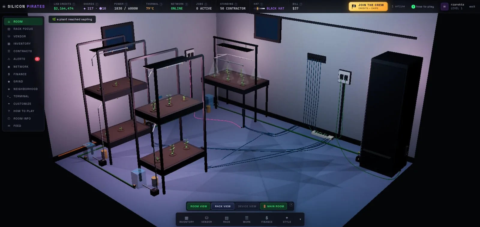 Silicon Pirates Beta 3: the main room with grow racks, a 42U server rack and cable runs along the floor
