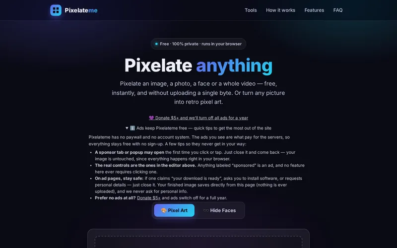 Screenshot of the PixelateMe website