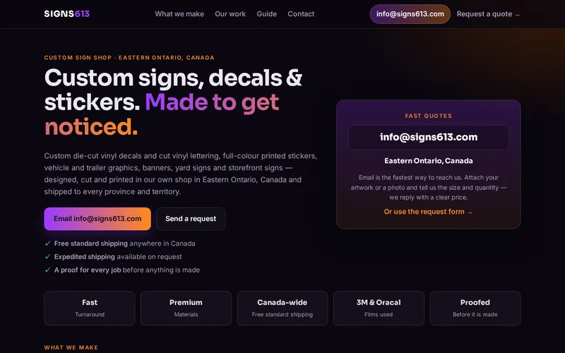 Screenshot of the Signs613 website