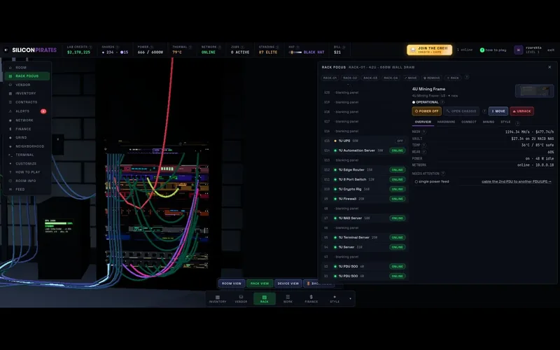 Silicon Pirates Beta 3 gameplay: a 42U server rack with a UPS, router, switch, firewall and NAS